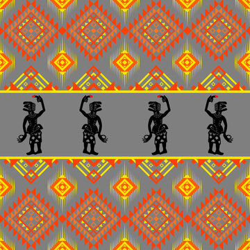 Seamless vector pattern featuring Southern Thai Nang Talung shadow puppet silhouettes and traditional Nora geometric folk art motifs on a grey background.