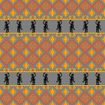 Seamless vector pattern featuring Southern Thai Nang Talung shadow puppet silhouettes and traditional Nora geometric folk art motifs on a grey background.