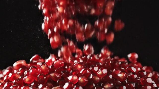 Pomegranate seeds falling on a pile against a black background.