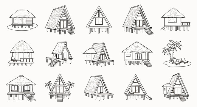 Hand-drawn vector set of various tropical stilt houses, bungalows, and beach huts, perfect for travel, vacation, and island resort designs.