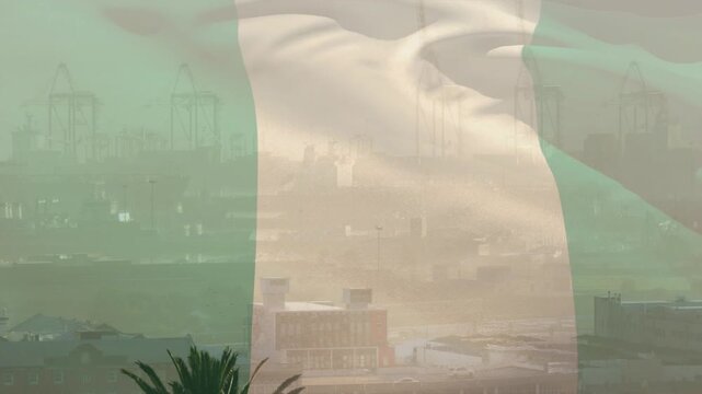 gust starting thin green white green flag rippling over skyline, palm leaf shifting showing overlay