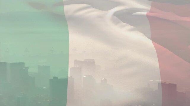 Italian tricolor flag waving from breeze, rippling and changing opacity, showing tinted skyline