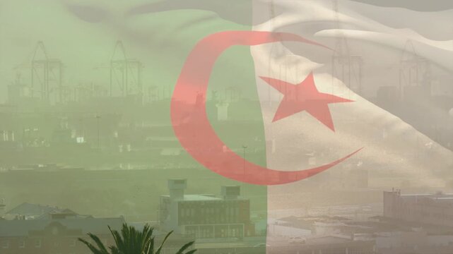 Gusts stirring Algerian flag rippling across hazy port skyline, revealing roofs through sheer folds