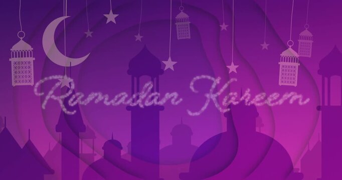 Purple paper layers revealing mosque skyline via slide, lanterns falling, forming Ramadan Kareem
