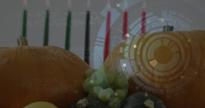 Translucent circular HUD drifting in from right, rotating and settling over pumpkin, lighting fruit