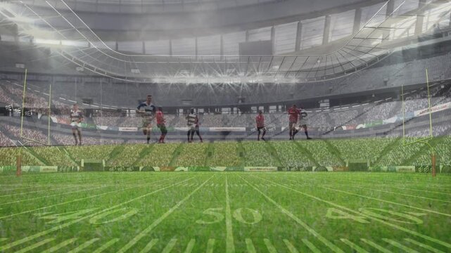 Ball carrier sprinting after snap to gain yards, diving onto turf while sports yardline marking run