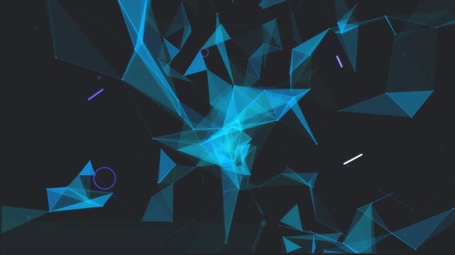 Teal polygon pulsing on purple eye appearing, ring rotating, polygons dispersing, visualizing net