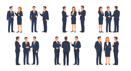 Multiple groups of business professionals in dark blue suits are shown shaking hands and talking on a white background.