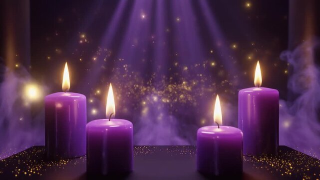 Cinematic 3D animation of four purple Advent candles standing on a dark, elegant altar.