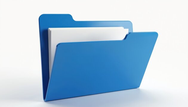 Blue folder icon holds white paper sheets. This symbol represents digital data, office organization, and business filing systems. A clean visual for digital documents and info management.