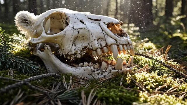 Animal skull in forest with moss and pine needles