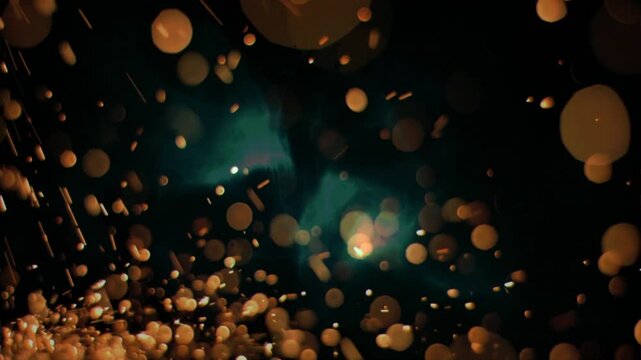 Spark entering left starting orbs gliding toward lens flickering and zipping forming teal backdrop