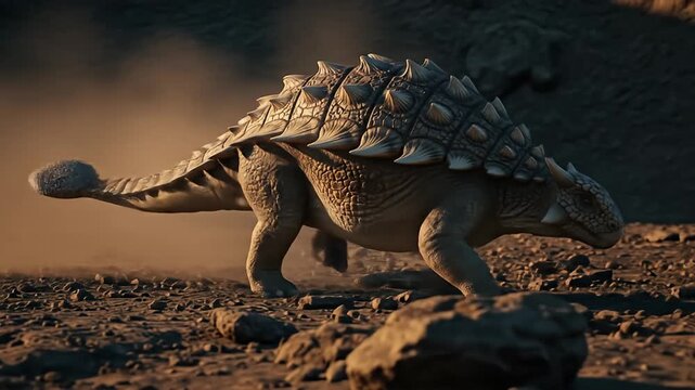 Armored dinosaur with club tail walks on stony ground with swirling dust around it