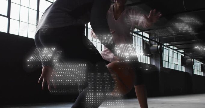 Woman doing crossover dribble in hoops training while male guarding, overlay showing ball movement