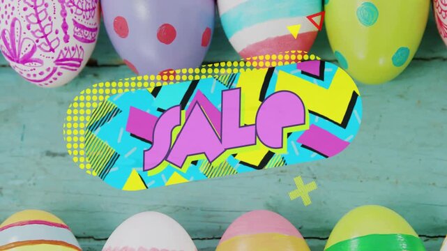 Start oval sweeping dotted arc, popping shapes, revealing purple text for promo eggs on turquoise