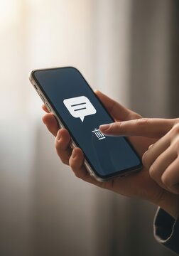A close-up conceptual image of a person holding a smartphone with an unsent message visible, finger hovering over delete instead of send. Represents emotional maturity, restraint, and conscious choice