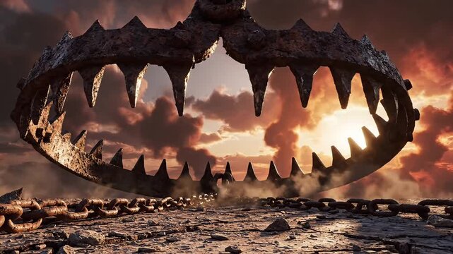 Rusty bear trap on rocky ground with ominous stormy sky
