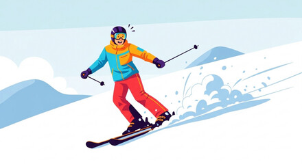Skier in colorful gear skiing down snowy mountain slope with speed and excitement