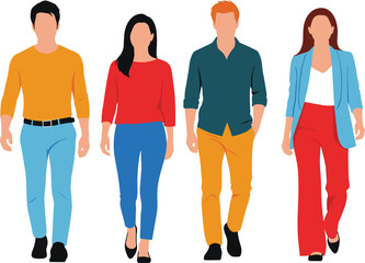 Obraz premium A group of diverse young men and women walking together, modern casual fashion, teamwork, friendship and business casual style, vector illustration