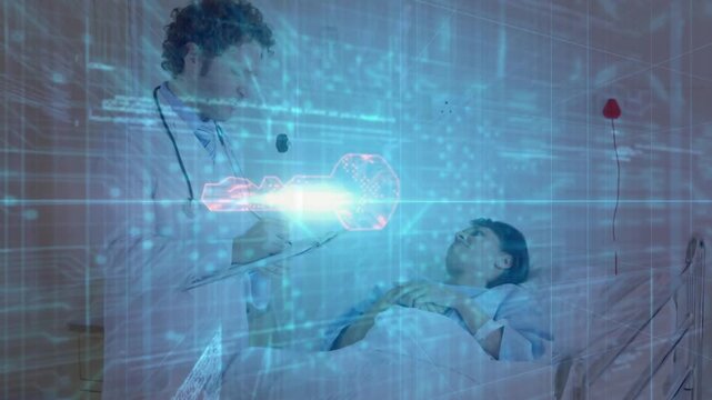 Nurse taking notes activating medical hologram key, pulsing, sending scan beam mapping patient data