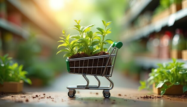 Mini shopping cart holds green plant sprouts in soil. Represents eco friendly shopping and sustainable consumption. Concept of green living and responsible purchasing choices.