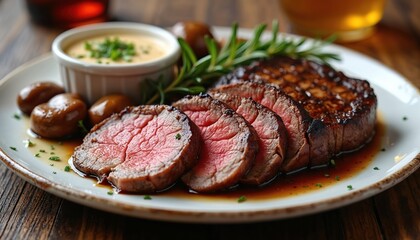 Obraz premium Sliced beef steak, pink medium rare, served with mushrooms, sauce and rosemary on plate. Meat meal with fresh herbs on wooden table. Delicious juicy cuisine.