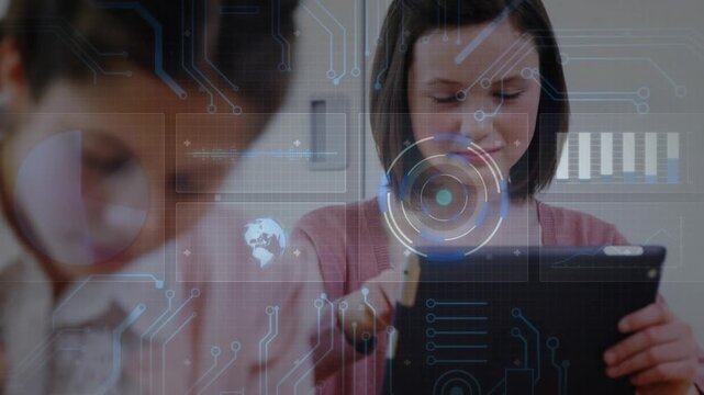 Teenager tapping tablet at kitchen table, HUD overlays animating graphs guiding home education task