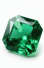 Fototapeta premium Large emerald gemstone cut in pentagon shape with many facets. Green precious stone shows brilliance sparkle and rich color. It sits on white background.