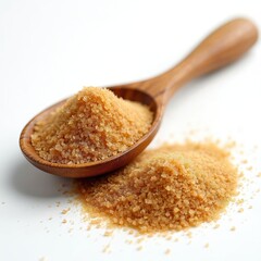 Wooden spoon holds brown sugar pile with spilled granules beside it. Natural sweet ingredient for baking and cooking. White background isolate. Dry granular sweetener.