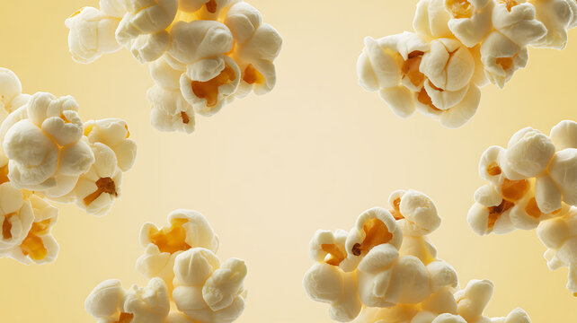 Close-up of popcorn kernels floating against a warm yellow background