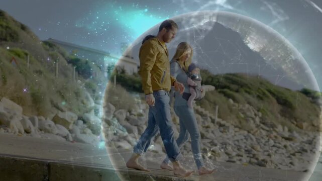 Family walking seawall, particle swirl glowing, globe wrapping family, showing tech connectivity