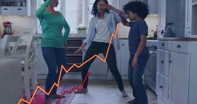 Family shifting weight on tile and rug, making neon graphs and saluting for health in kitchen