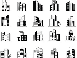 building icons featuring dynamic black and white architectural designs with clean geometric lines and professional perspective.