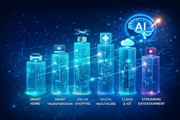 Naklejka premium Rising AI Ecosystem in Smart Living – 3D Futuristic Bar Chart City Infographic 16:9 