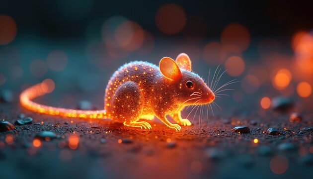 Glowing mouse figure made of luminous DNA strands. Represents genetic research, bioengineering, and scientific discovery. Suggests evolution and new tech.