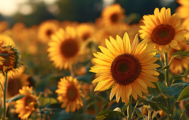 Vibrant Sunflower Field Bathed in Golden Hour Sunlight Warm Summer Day Blooming Nature Outdoors