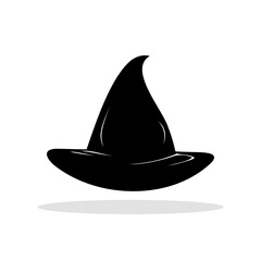 Black silhouette icon of a pointed witch hat with a wide brim. A concise vector illustration symbolizing magic, sorcery, or Halloween.