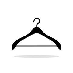 Black silhouette icon of a clothes hanger with a metal hook. A concise vector illustration symbolizing a wardrobe, clothing storage, or the fashion industry.