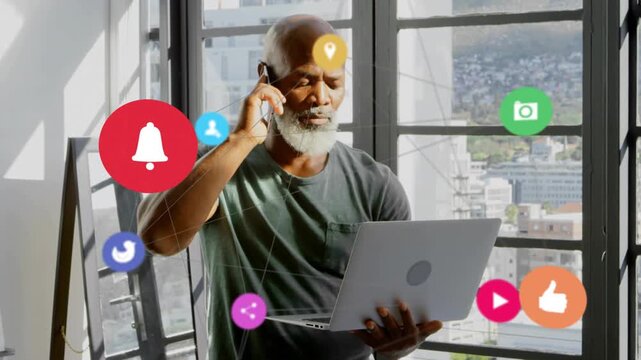 Man checking laptop while on business call, causing app icons orbiting torso, then thinning outward