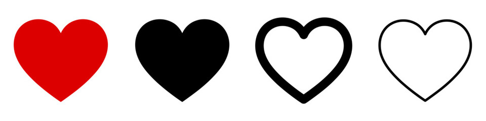 Set of four heart icons: solid red, solid black, thick outline, and thin linear outline. Minimalist vector illustration.