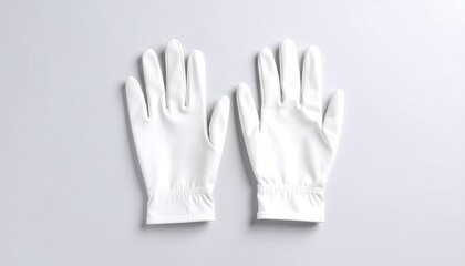 Obraz premium Two white disposable gloves, top-down view on a light gray surface