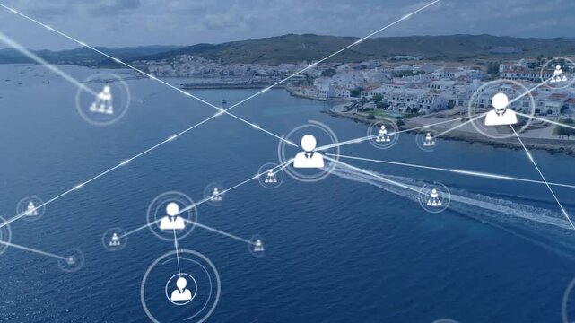 Playhead reaching collab frames, icons pulsing, marking green? avatars at 3,6,14 over marina sea