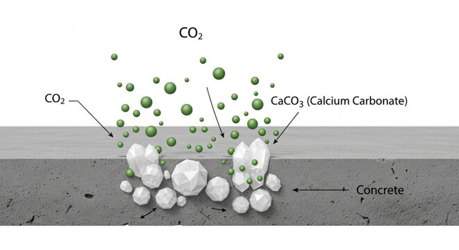 Carbon dioxide reacts with calcium carbonate on concrete surface creating chemical reaction