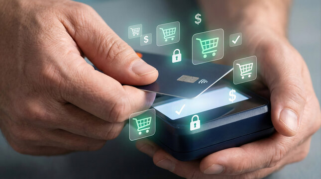 Manos pasando tarjeta de cr&eacute;dito en terminal de pago con iconos hologr&aacute;ficos de comercio electr&oacute;nico y seguridad digital

