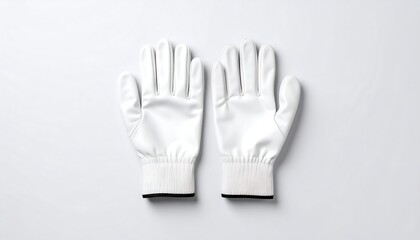 Obraz premium Two white work gloves, top-down view, against a plain white background. The gloves are identical, and the wrists have dark seams