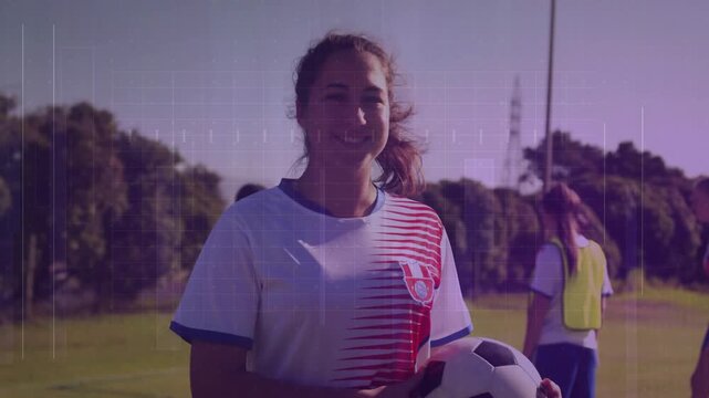 Maya holding soccer ball, coach blowing whistle causing animated arc leading team for sport drill