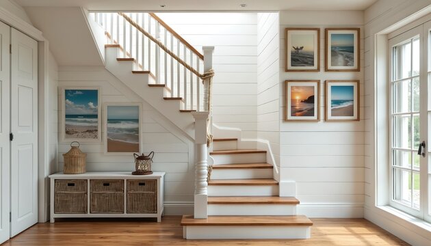 Interior staircase with nautical rope detail. Coastal themed beach art adorns shiplap walls. Wooden stairs and furniture complement bright seaside home decor. Natural light streams in.