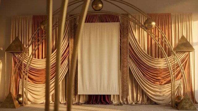 shadi stage decoration - A warm-lit interior featuring elegantly draped fabric curtains in beige and gold hues, complemented by sculptural metal decor creating a sophisticated ambiance