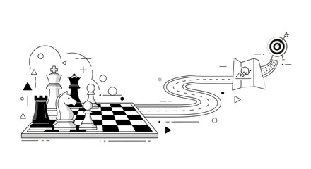Chessboard with pieces leading to a winding road and target. © Awaludin