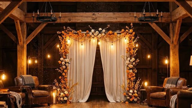 shadi stage decoration - A cozy rustic space adorned with floral d&eacute;cor and soft lighting, featuring comfortable leather sofas arranged around a wooden setting, creating a warm atmosphere